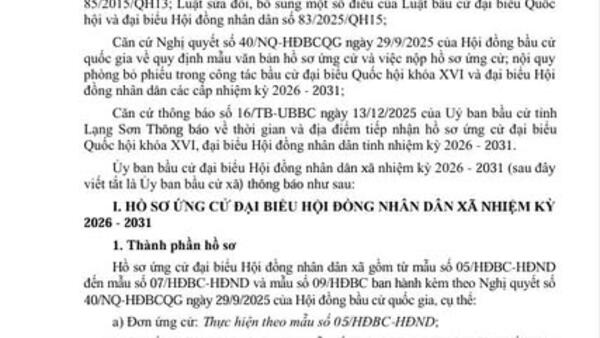 Thông báo thời gian và địa điểm tiếp nhận hồ sơ ứng cử đại biểu Hội đồng nhân dân xã nhiệm kỳ 2026 - 2031